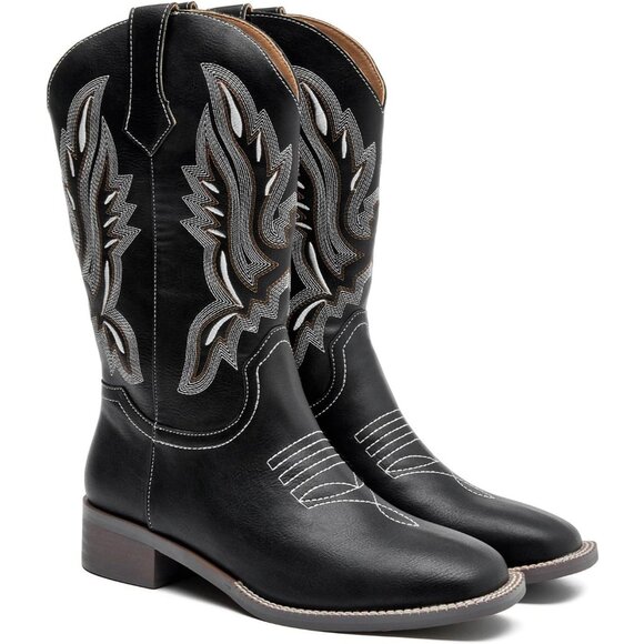 kkdom Women Black Cowboy Square Toe Western Cowgirl Mid Calf Boot - Picture 4 of 8